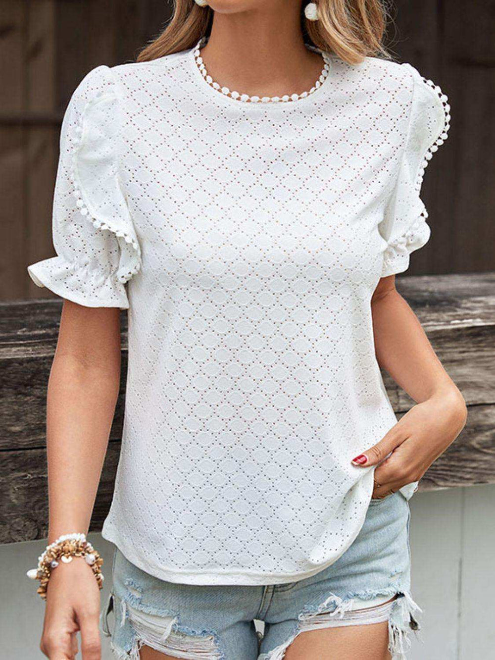 Pom Pom Detail Openwork Flounce Sleeve Blouse - Trendsi