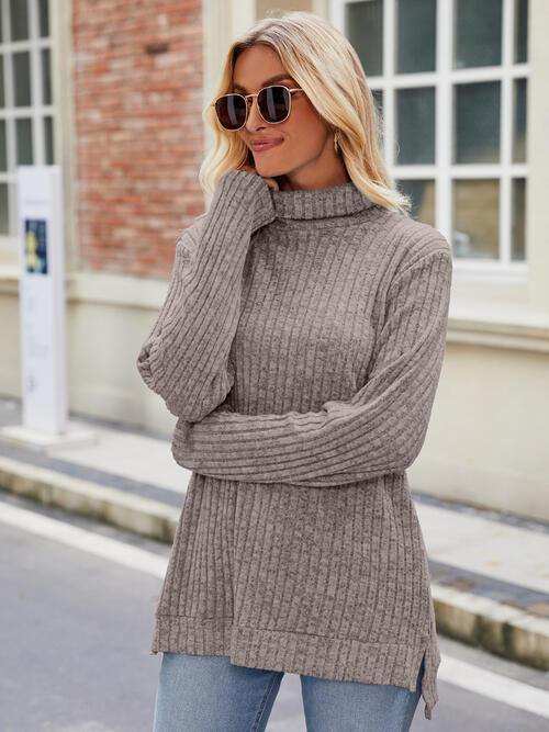 Ribbed Turtleneck Long Sleeve Slit Knit Top - Trendsi - Flyclothing LLC