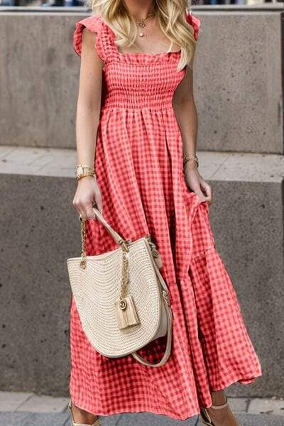 Full Size Smocked Ruffled Plaid Ruffle Hem Dress - Trendsi - Flyclothing LLC