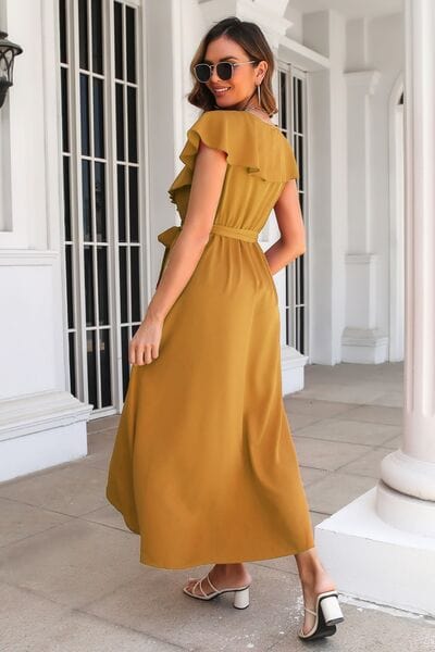 Ruffled Surplice Tie Waist Slit Midi Dress - Trendsi