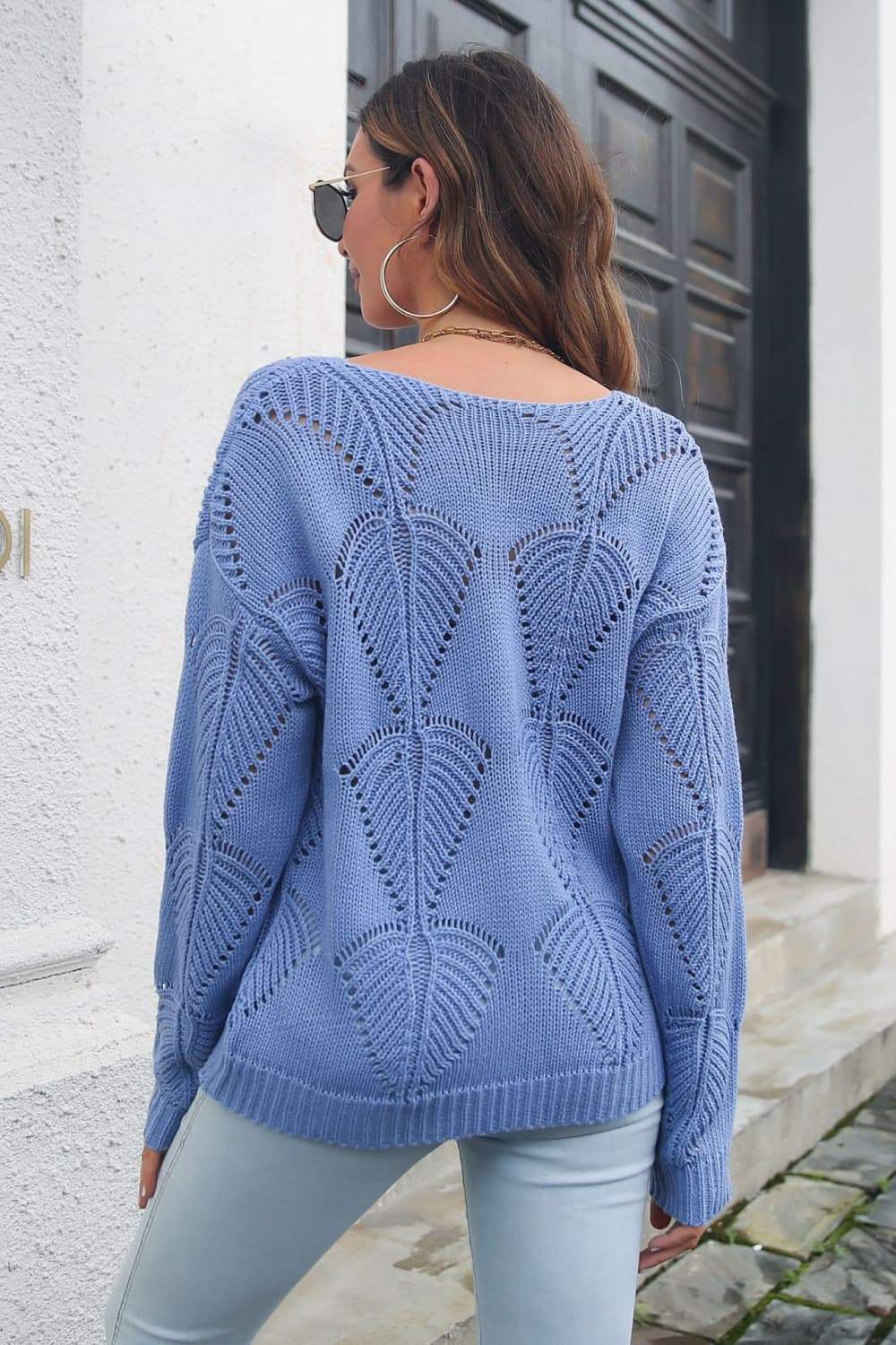 Openwork V-Neck Dropped Shoulder Sweater - Trendsi - Flyclothing LLC