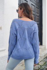 Openwork V-Neck Dropped Shoulder Sweater - Trendsi