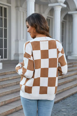 Button-Up Plaid V-Neck Dropped Shoulder Cardigan - Trendsi - Flyclothing LLC