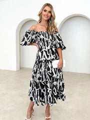 Printed Smocked Off-Shoulder Tiered Dress - Trendsi