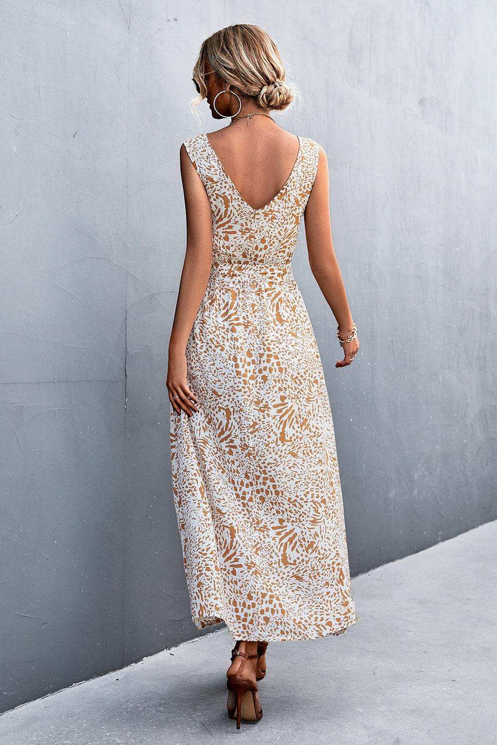 Printed V-Neck Tie Waist Maxi Dress - Trendsi - Flyclothing LLC