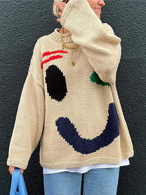 Contrast Drop Shoulder Long Sleeve Sweater - Trendsi - Flyclothing LLC