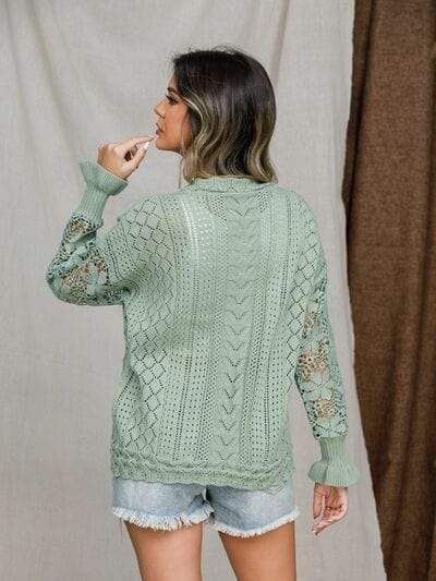 Eyelet Crochet Lantern Sleeve Sweater - Trendsi - Flyclothing LLC