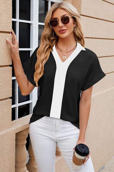 Contrast Johnny Collar Short Sleeve Blouse - Trendsi - Flyclothing LLC