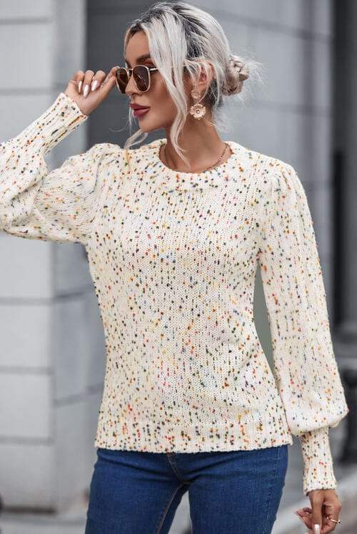 Heathered Round Neck Lantern Sleeve Sweater - Trendsi - Flyclothing LLC