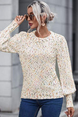 Heathered Round Neck Lantern Sleeve Sweater - Trendsi - Flyclothing LLC