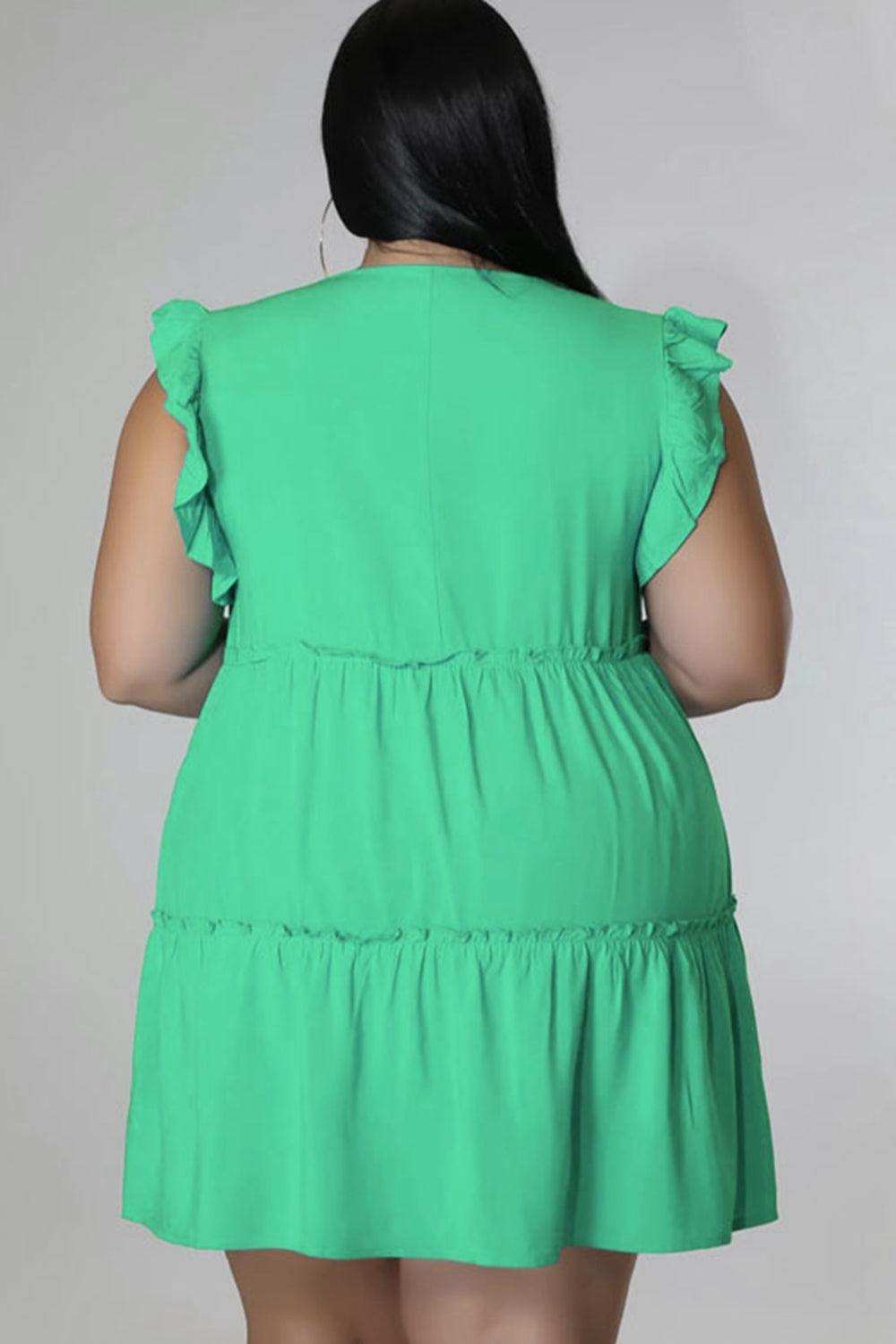 Plus Size V-Neck Frill Trim Mini Dress - Trendsi - Flyclothing LLC