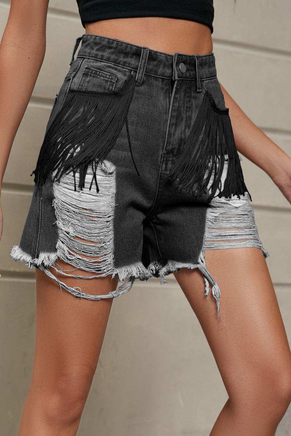 Fringe Trim Distressed Denim Shorts with Pockets - Trendsi - Flyclothing LLC