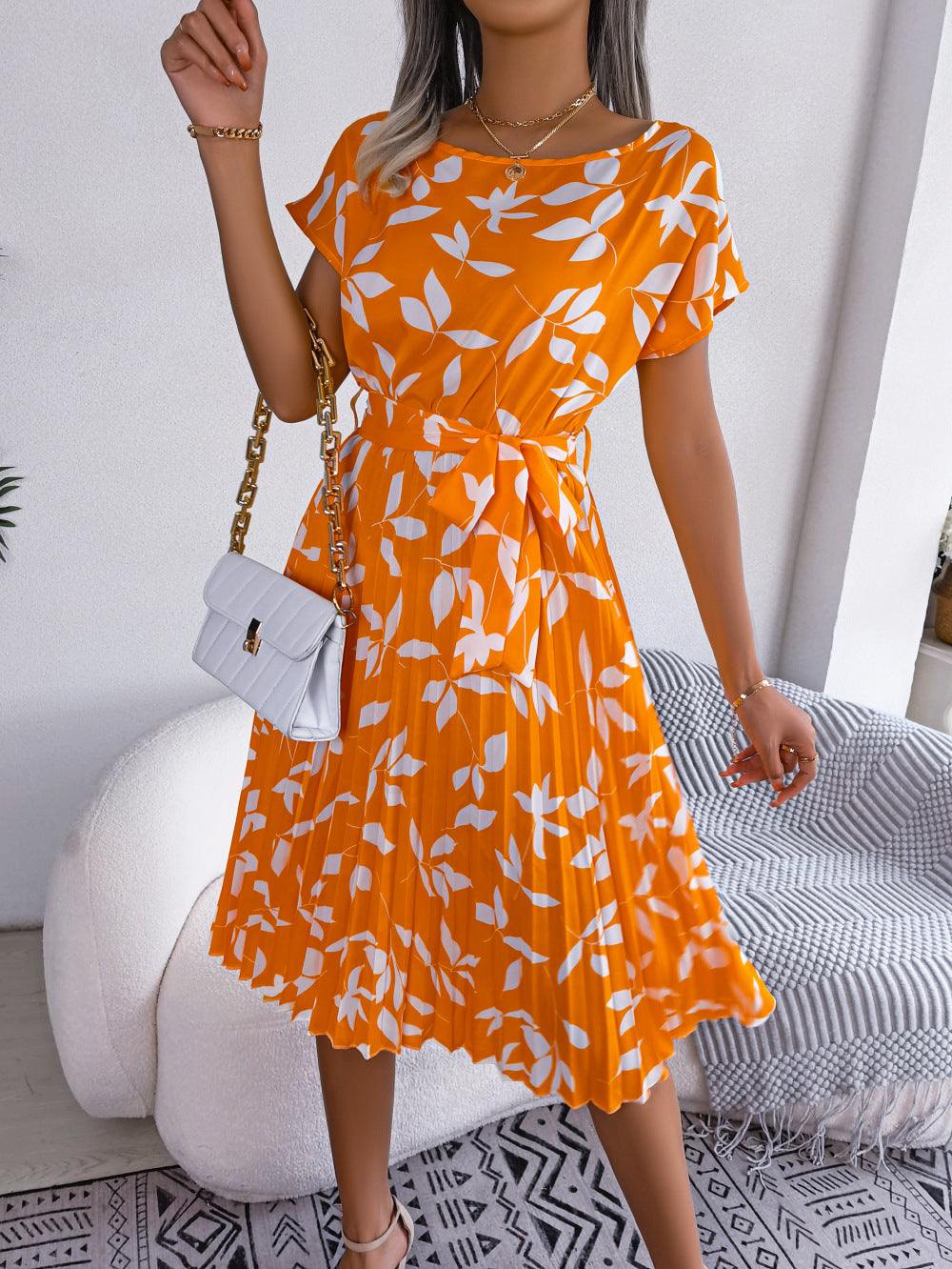 Printed Round Neck Short Sleeve Pleated Dress - Trendsi