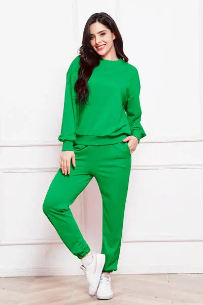 Round Neck Long Sleeve Sweatshirt and Pants Set - Trendsi - Flyclothing LLC