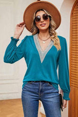 Lace Detail V-Neck Lantern Sleeve T-Shirt - Trendsi - Flyclothing LLC