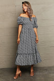 Floral Lace-Up Off-Shoulder Midi Dress - Trendsi