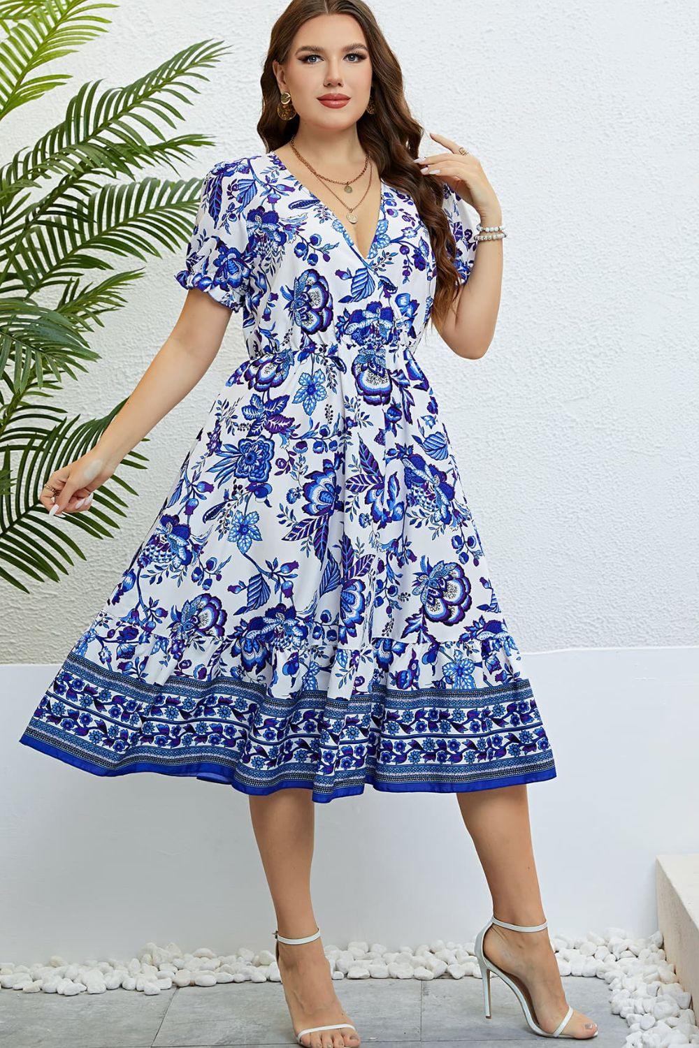 Floral Flounce Sleeve Surplice Dress - Trendsi