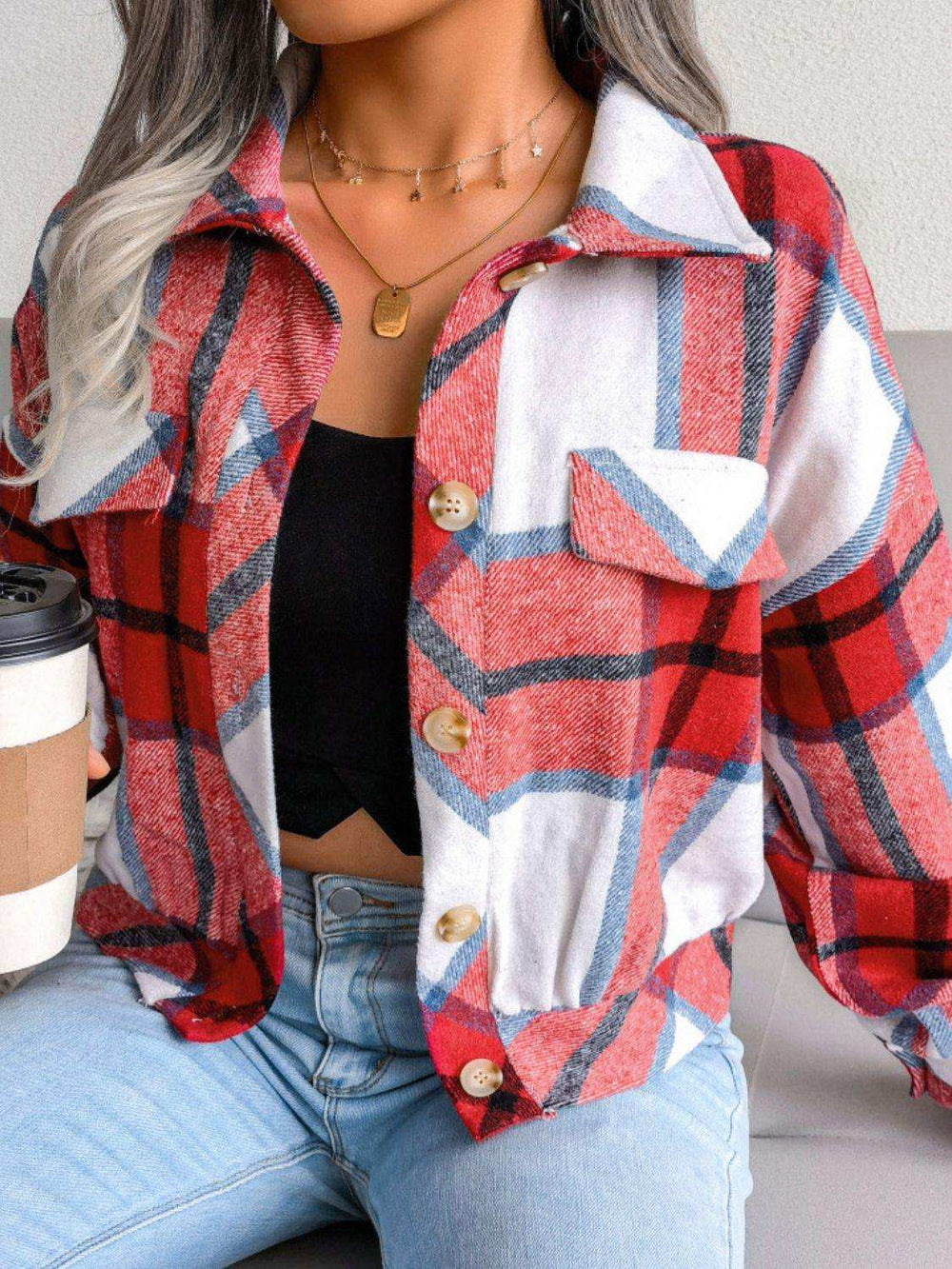 Plaid Collared Neck Drop Shoulder Jacket - Trendsi - Flyclothing LLC