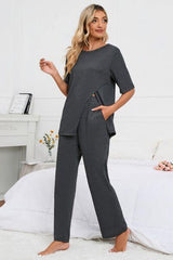 Slit Round Neck Top and Pants Lounge Set - Flyclothing LLC