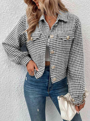 Houndstooth Collared Neck Button Up Jacket - Trendsi