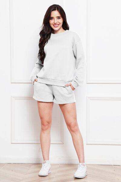 Round Neck Long Sleeve Sweatshirt and Drawstring Shorts Set - Trendsi - Flyclothing LLC