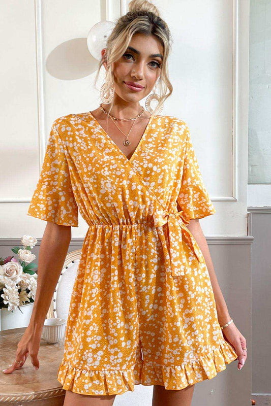 Printed Surplice Neck Ruffled Romper - Trendsi - Flyclothing LLC