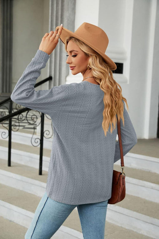 Decorative Button V-Neck Long Sleeve T-Shirt - Trendsi