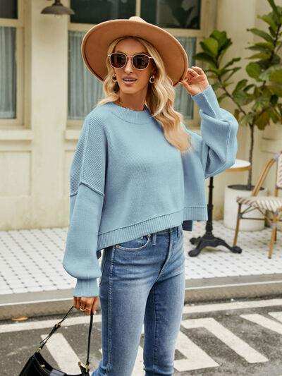Round Neck Lantern Sleeve Sweater - Trendsi - Flyclothing LLC