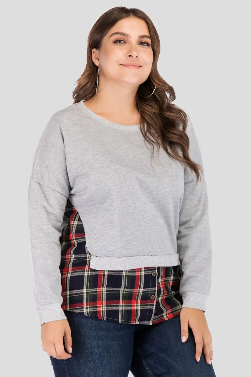 Full Size Plaid Patch Drop Shoulder Round Neck Top - Trendsi - Flyclothing LLC
