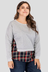 Full Size Plaid Patch Drop Shoulder Round Neck Top - Trendsi - Flyclothing LLC
