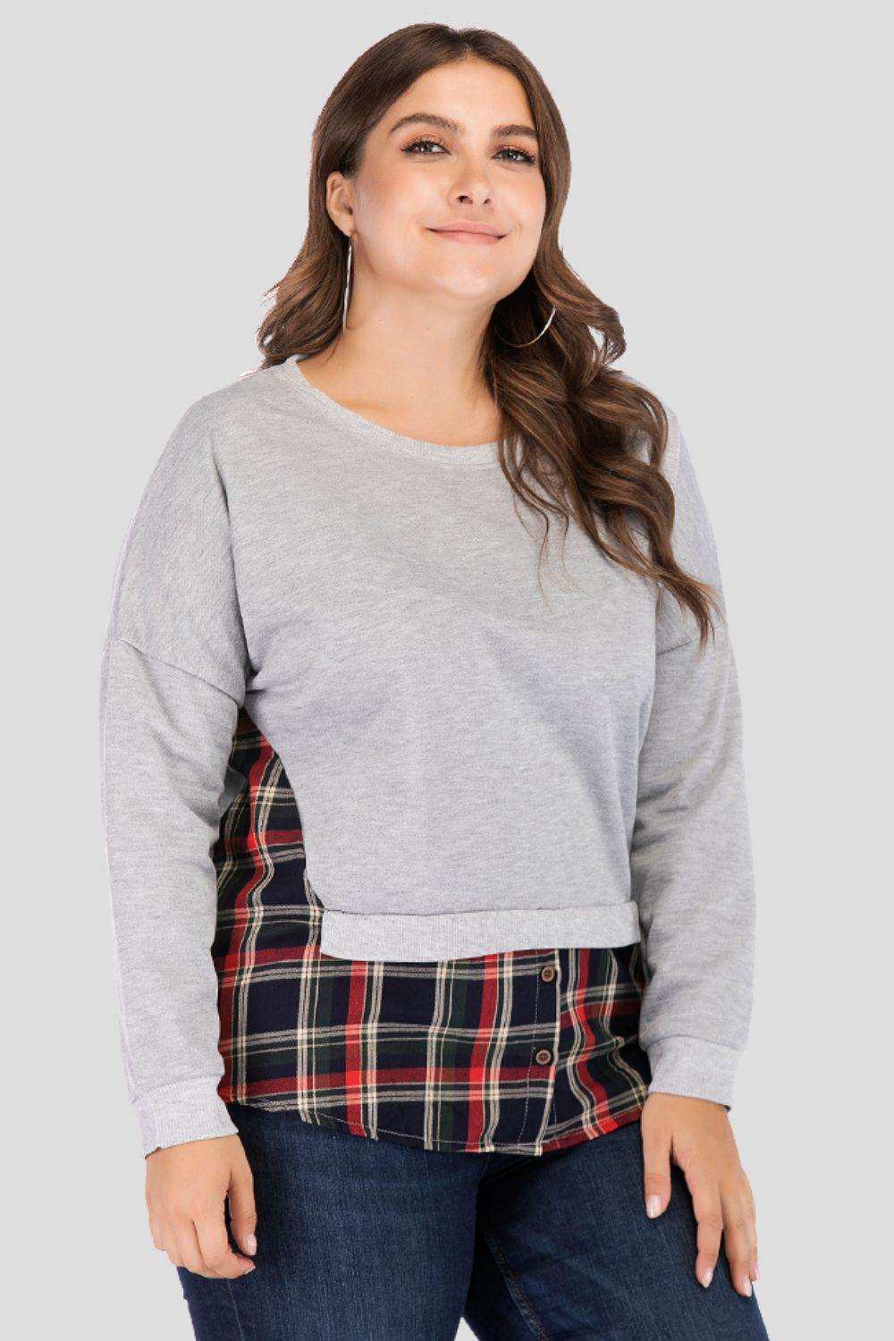 Full Size Plaid Patch Drop Shoulder Round Neck Top - Trendsi - Flyclothing LLC