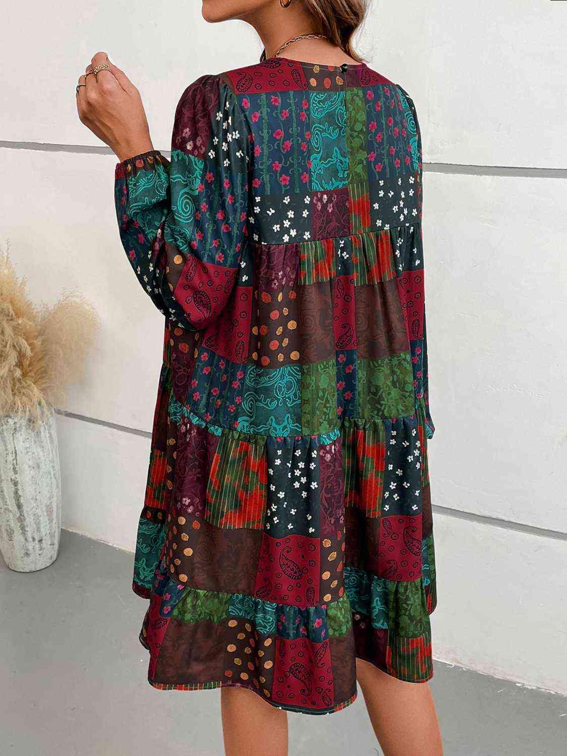Patchwork Round Neck Long Sleeve Dress - Trendsi
