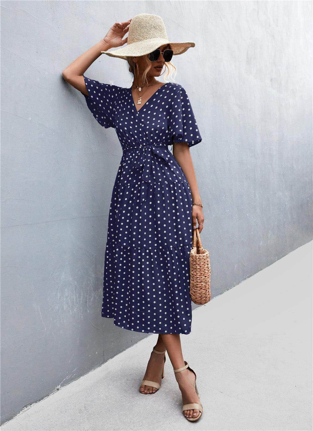 Printed V-Neck Flutter Sleeve Belted Dress - Trendsi - Flyclothing LLC