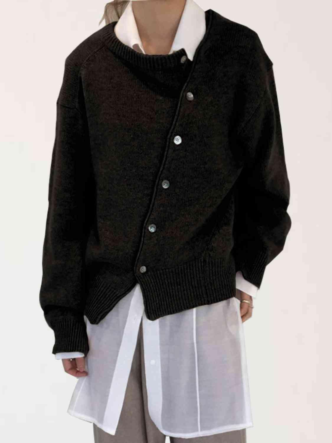 Dropped Shoulder Buttoned Cardigan - Trendsi