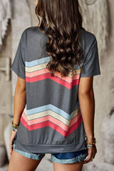 Multicolored Chevron Stripe Round Neck Side Slit T-Shirt - Flyclothing LLC