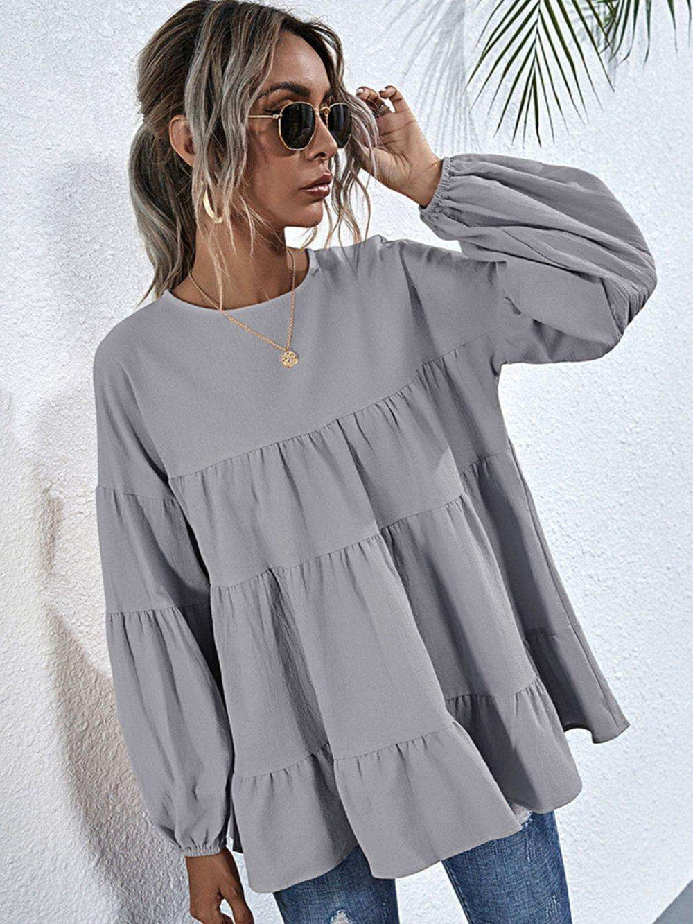 Round Neck Dropped Shoulder Tiered Blouse - Trendsi - Flyclothing LLC