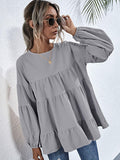 Round Neck Dropped Shoulder Tiered Blouse - Trendsi