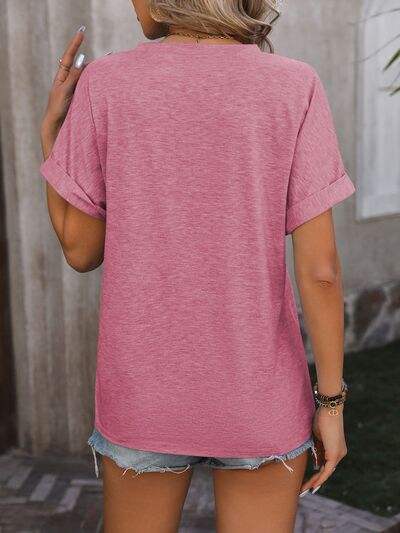 Notched Buttoned Short Sleeve T-Shirt - Trendsi - Flyclothing LLC