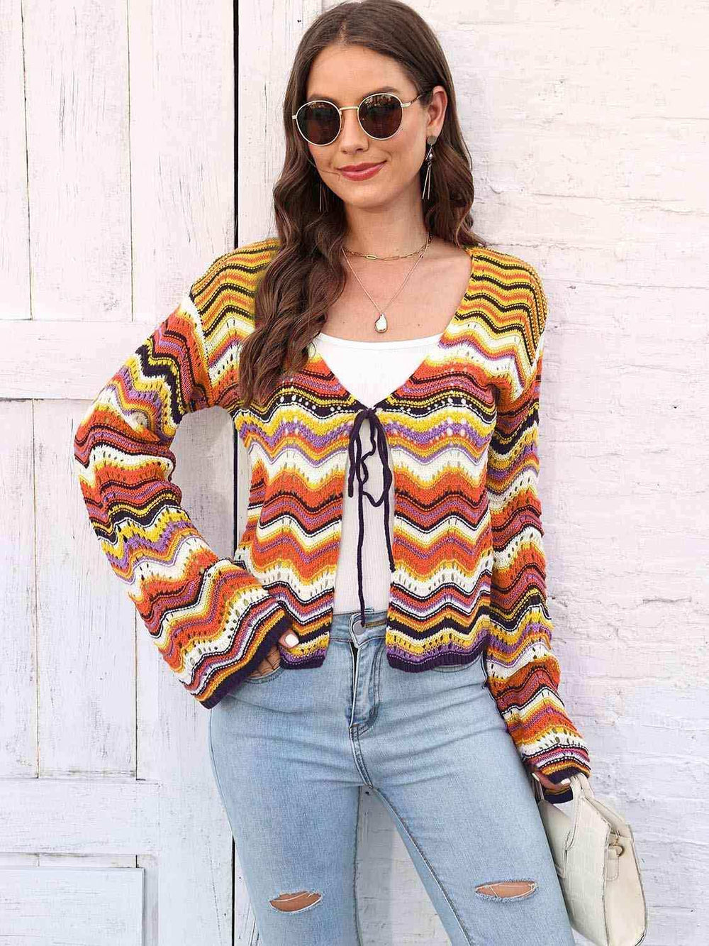 Striped Openwork Tied Cardigan - Trendsi - Flyclothing LLC
