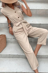 Capped Sleeve Belted V-Neck Jumpsuit - Trendsi - Flyclothing LLC
