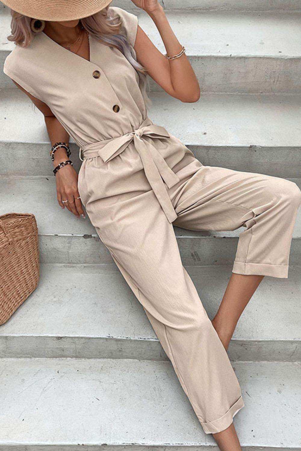 Capped Sleeve Belted V-Neck Jumpsuit - Trendsi - Flyclothing LLC