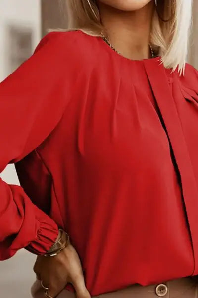 Button Up Round Neck Long Sleeve Shirt - Trendsi - Flyclothing LLC