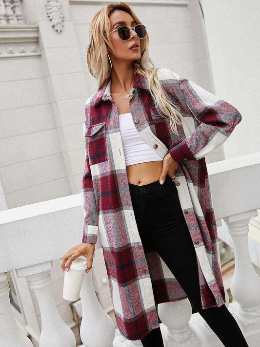 Plaid Longline Shirt Jacket - Trendsi - Flyclothing LLC