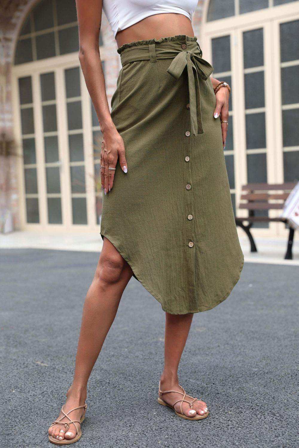 Tie Belt Frill Trim Buttoned Skirt - Trendsi - Flyclothing LLC