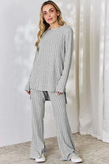 Basic Bae Full Size Ribbed High-Low Top and Wide Leg Pants Set - Trendsi