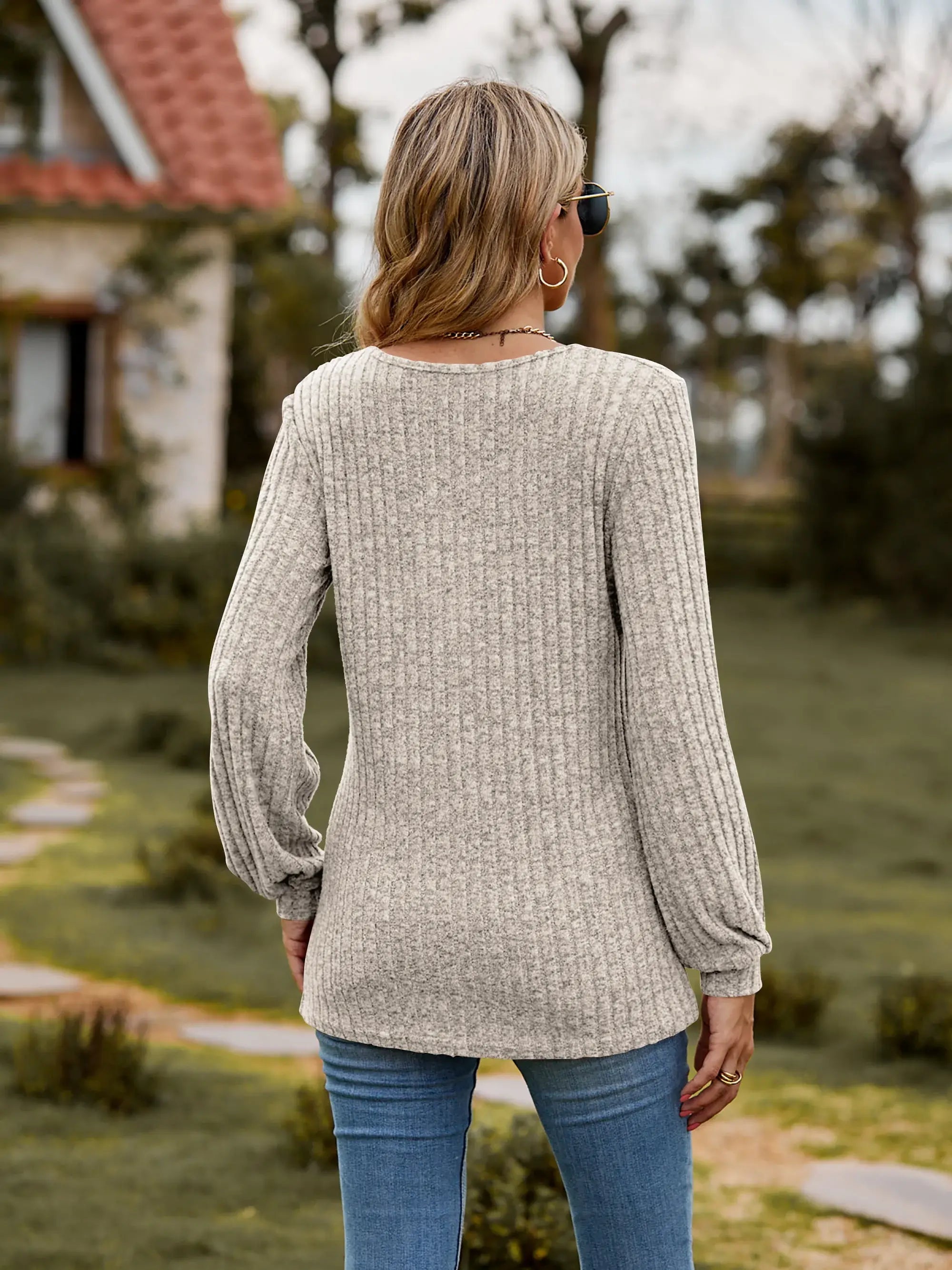 Round Neck Button-Down Long Sleeve Tee - Trendsi - Flyclothing LLC