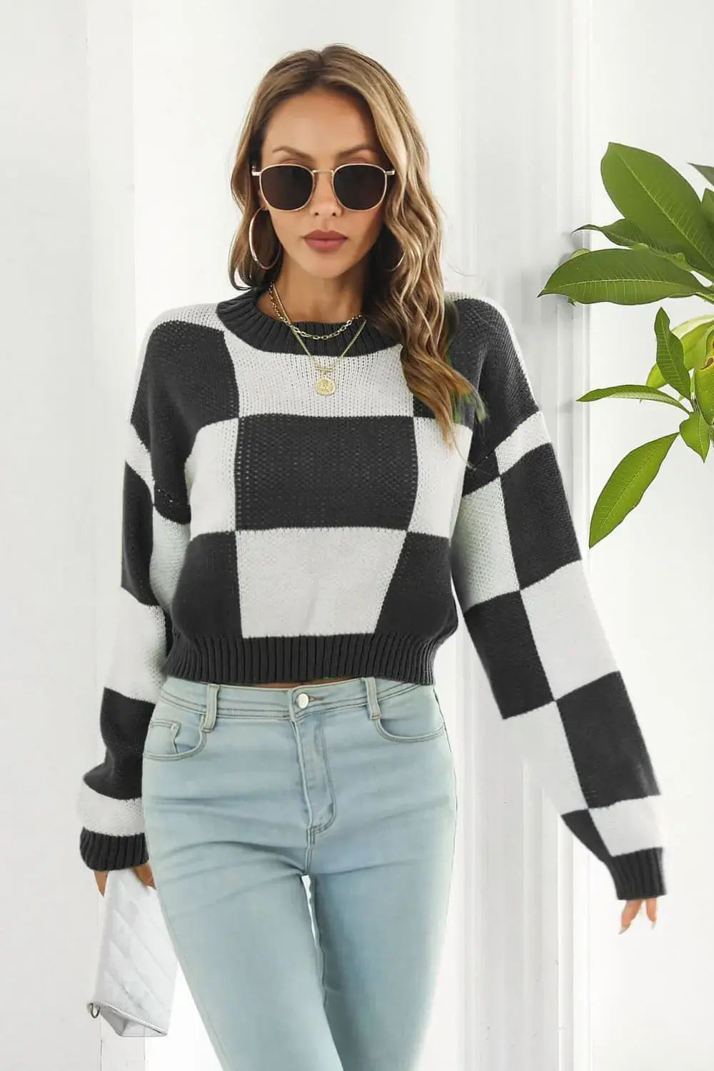 Color Block Round Neck Dropped Shoulder Sweater - Trendsi - Flyclothing LLC