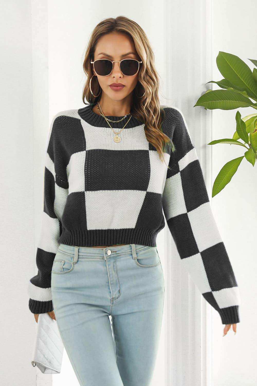 Color Block Round Neck Dropped Shoulder Sweater - Trendsi - Flyclothing LLC