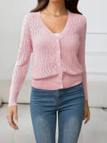 V-Neck Long Sleeve Buttoned Knit Top - Trendsi