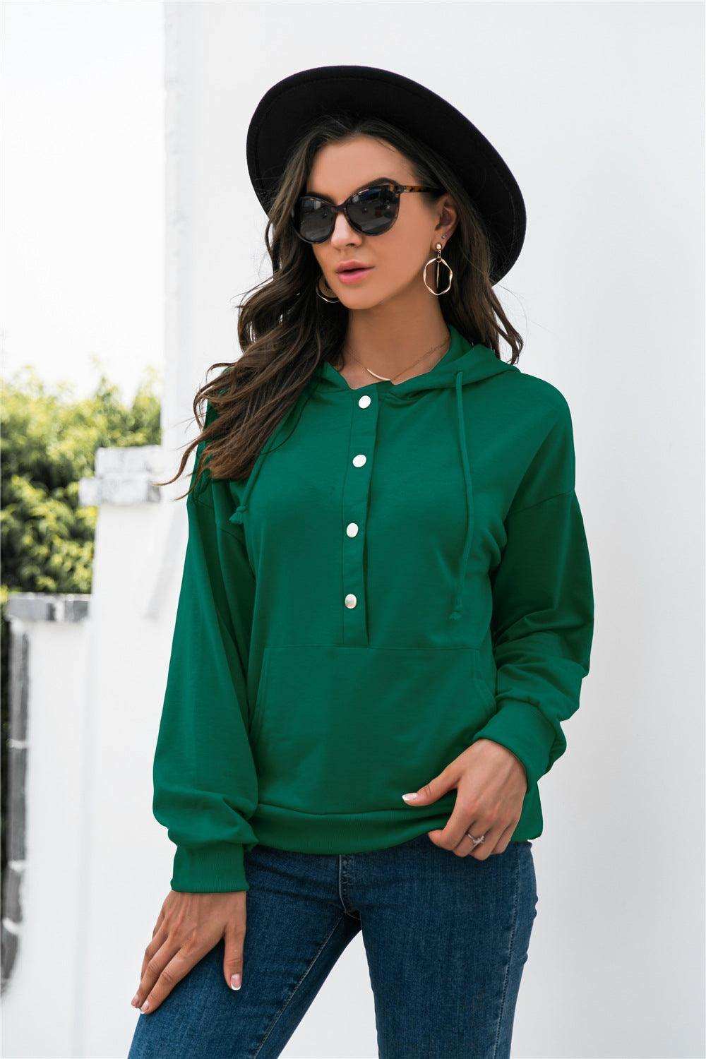 Half-Snap Drawstring Hoodie with Kangaroo Pocket - Trendsi - Flyclothing LLC